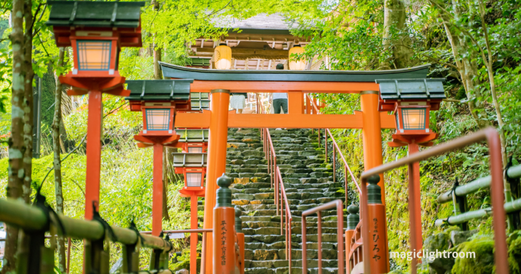 山の中にある鳥居と本殿