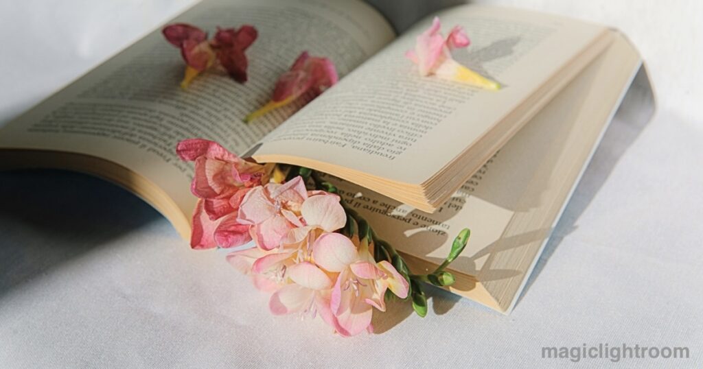 書籍とピンクの花